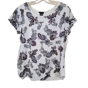 Ann Taylor Outlet Blouse Top Scoop Neck Short Sleeve Paisley Print White Medium